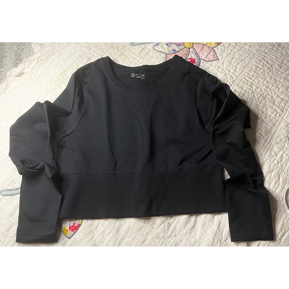 Aerie OFFLINE Hugger Long Sleeve Crop Top Black Crew Neck Activewear Women M